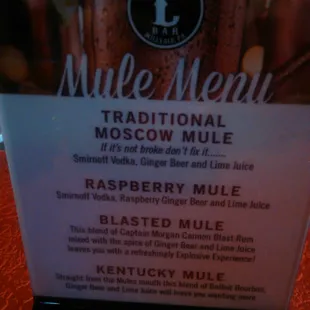 a menu for a mule menu