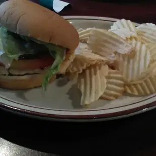Grilled chicken sandwich with chips.