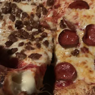 Half pepperoni half sausage stuffed crust pizza
