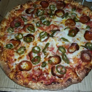 Large pepperoni and jalapeno. Makes you want to cry; it&apos;s so good.