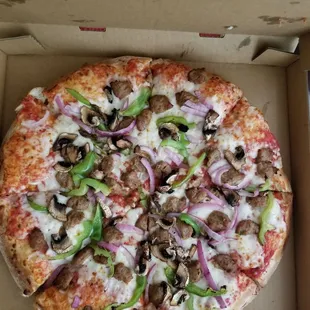 Sausage Mushroom Onion Bellpepper   The crust is perfect. The dough is soft and fluffy. The crust makes the pizza.  Best pizza ever!