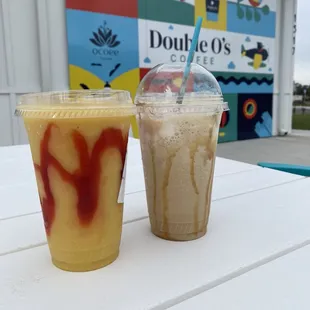 Mango raspberry chiller  and iced coastal caramel blended