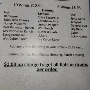 Menu photo of wing choices.