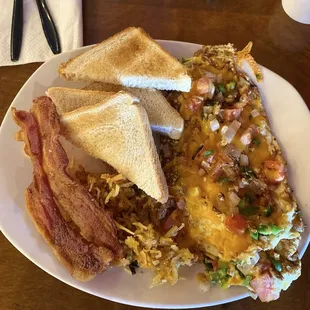 West Texas omelette with hashbrowns, bacon, and toast!