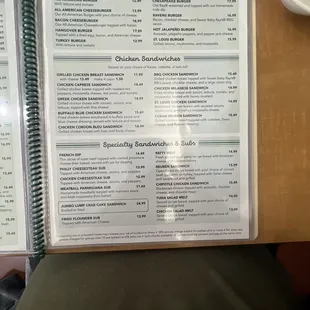 Burgers and sandwiches menu