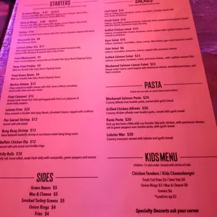 Large menu ..salads, pasta , quesadilla, wings and more even lamb chops.  My favorite tried so far are the grippo BBQ wings.