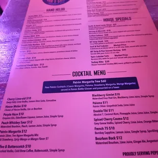 Cocktail menu, sandwiches burgers and how specials