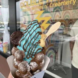 Cookie Monster Ice Cream Special with Chocolate Waffle, Nutella Drizzle, Brownie and Choco Panda Cookies