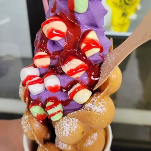 Original Waffle, ube soft serve, strawberry drizzle, marshmallows &amp; Pocky