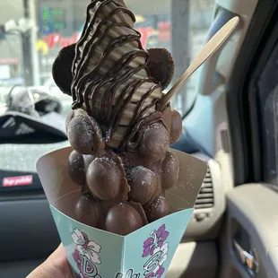 Chocolate Waffle with Kona Coffee Special Ice Cream topped with Nutella, brownie and Reese&apos;s PB Cup