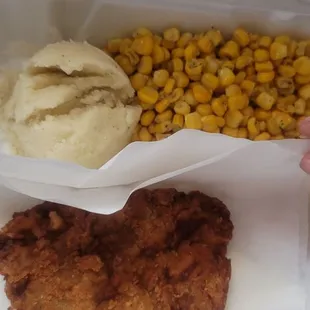 Chicken fried steak with mashed potatoes &amp; corn.