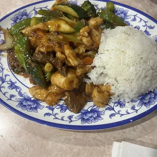 Chicken and beef with garlic sauce