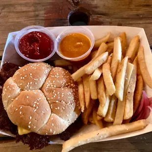 a hamburger and french fries