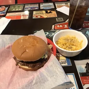a hamburger and macaroni and cheese