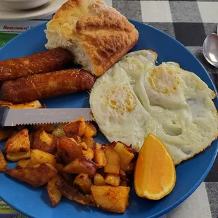 2 eggs over easy with sausage.   Look at the size of the sausage.
