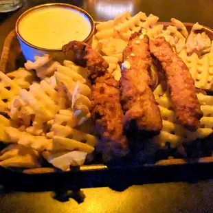 Tasty chicken fingers but small portion.