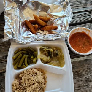 BBQ, cabbage, green beans, Brunswick stew, hush puppies