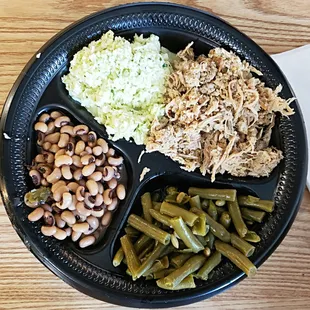 Pork BBQ, green beans, black eyed peas, cole slaw