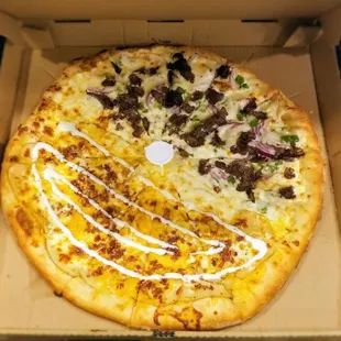 18&quot; pizza with half Philly Steak and half Loaded Tator.