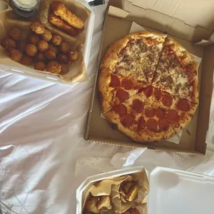 Pizza,  (you pick 3 apps) fried mushrooms, mix sticks, mac n cheese bite, fried pickles, broccoli and cheese bites