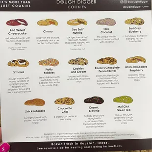 a menu for doughnuts and cookies