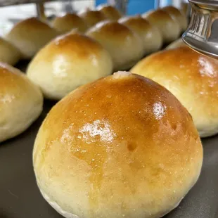 a row of freshly baked buns