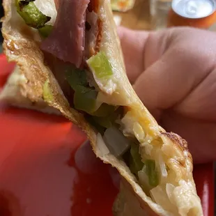 a hand holding a piece of pizza