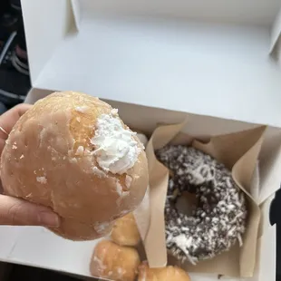 Chocolate coconut donut, cream filled donut, glazed donut holes
