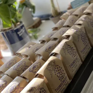 a row of bags of doughnuts