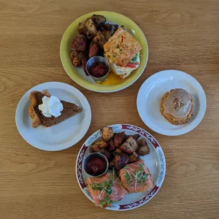 avocado biscuit sandwich, maple pecan scone, salmon lox and avocado on a biscuit, and brown butter pumpkin pie