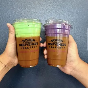 Pandas (Green) Foam and Ube (Purple) Foam Iced Viet Coffee