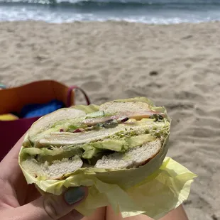 Veggies add turkey on an everything bagel