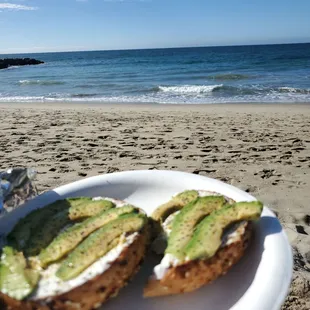 Enjoying my everything bagel with cream cheese, avocado and lemon pepper seasoning on the beach.