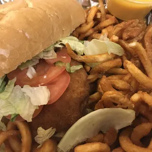 my favorite lunch special.. chicken sandwich with curly fries and cheese..
