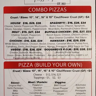 a menu for a pizza
