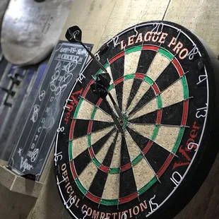 a dart in the center of a dart board
