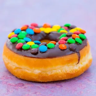 a chocolate frosted donut with sprinkles