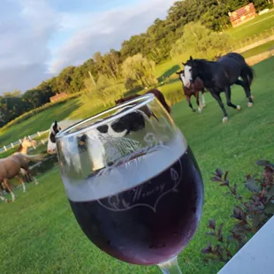 a glass of wine with horses in the background
