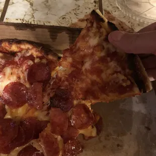 a hand holding a slice of pizza