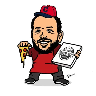 a drawing of a man holding a slice of pizza