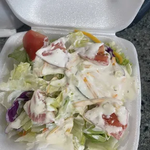 Small salad drenched in ranch dressing