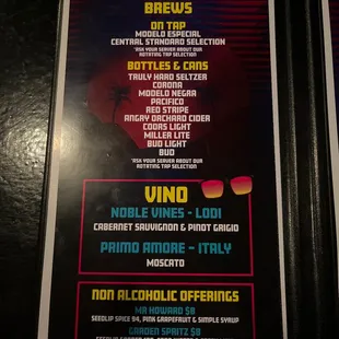 Beer, wine and nonalcoholic menu