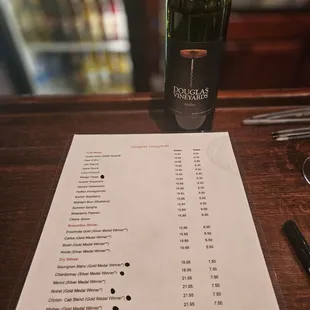 Wine menu and bottle of dry wine