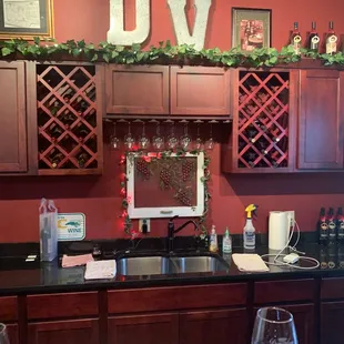 a wine glass on the bar