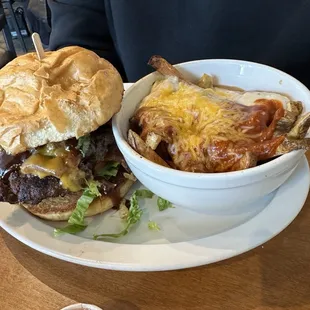 Burger with messy fries