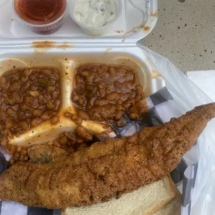 Fried whiting with turkey baked beans