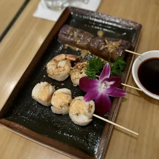 Scallop Kushi Yaki, Shrimp Kushi Yaki, and Eggplant Kushi Yaki