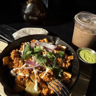 A chorizo skillet with peruvian chili and a hazelnut latte