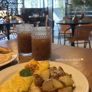 brown sugar oatmilk latte and feta omelette