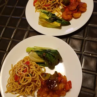 Sweet and Sour Shrimp with Asian Noodle Salad and Sauteed Bok Choy